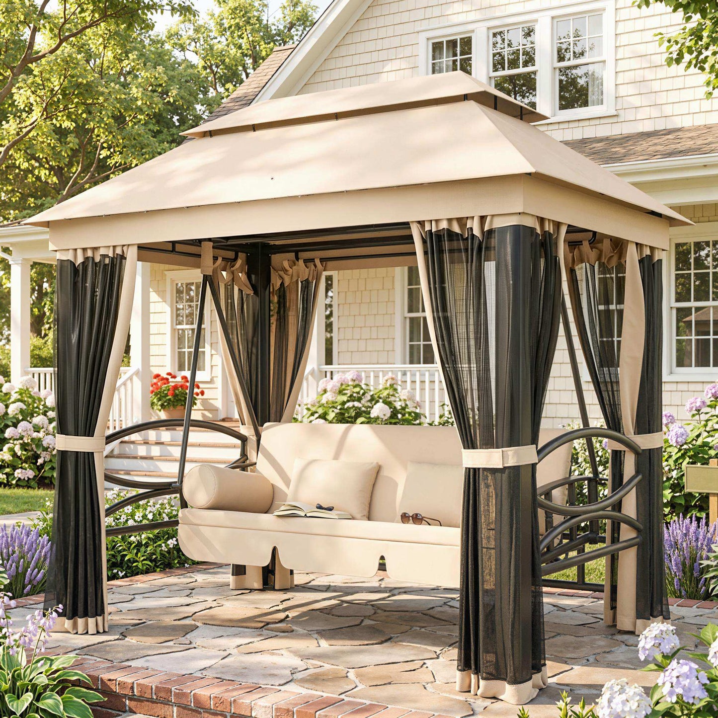 Outsunny 3 Seater Swing Chair 3-in-1 Convertible Garden Swing Seat Bed Gazebo Patio Bench Outdoor with Double Tier Canopy, Cushioned Seat, Mesh Sidewalls, Beige