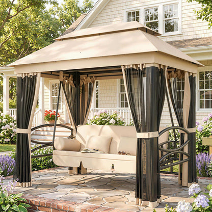 Outsunny 3 Seater Swing Chair 3-in-1 Convertible Garden Swing Seat Bed Gazebo Patio Bench Outdoor with Double Tier Canopy, Cushioned Seat, Mesh Sidewalls, Beige