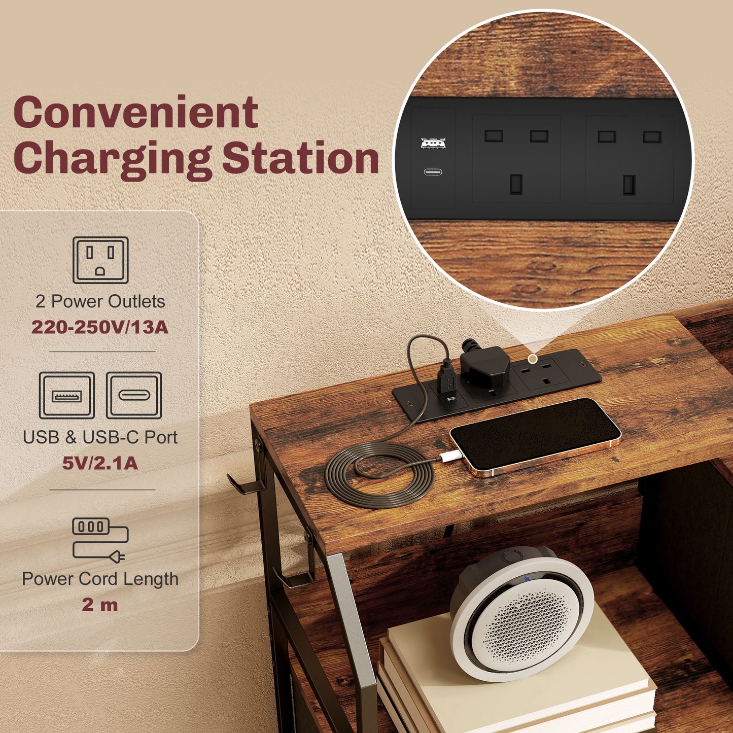 HOMCOM Chest of Eight Drawers, with Charging Station - Brown/Black