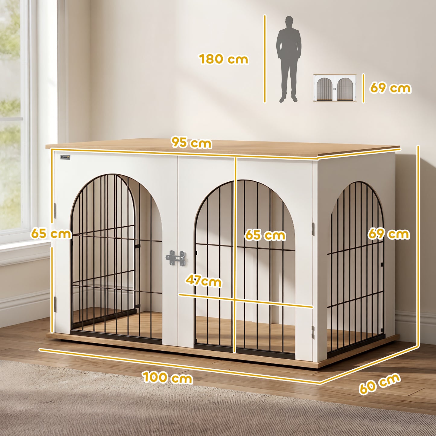 PawHut Dog Crate Furniture, Indoor Dog Cage with Double Doors for Large Breeds, Pet Kennel End Side Table