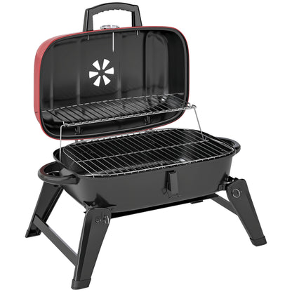 Outsunny Charcoal Barbecue Grill Folding BBQ Grill with 1232 cmÂ² Cooking Area, Adjustable Vent, Thermometer, Handles for Camping Picnic, Red