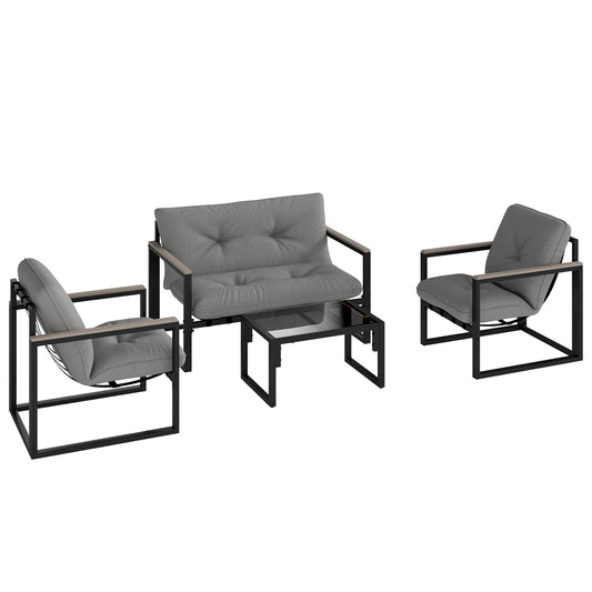 Outsunny Garden Furniture Set, 4 Piece Indoor Outdoor Conservatory with Loveseat Sofa, Armchairs, Glass Top Coffee Table, Cushions for Balcony, Poolside, Patio, Dark Grey