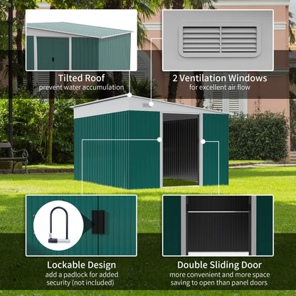 11.3 x 9.2ft Garden Metal Storage Shed Outdoor Metal Tool House with Double Sliding Doors and 2 Air Vents, Green