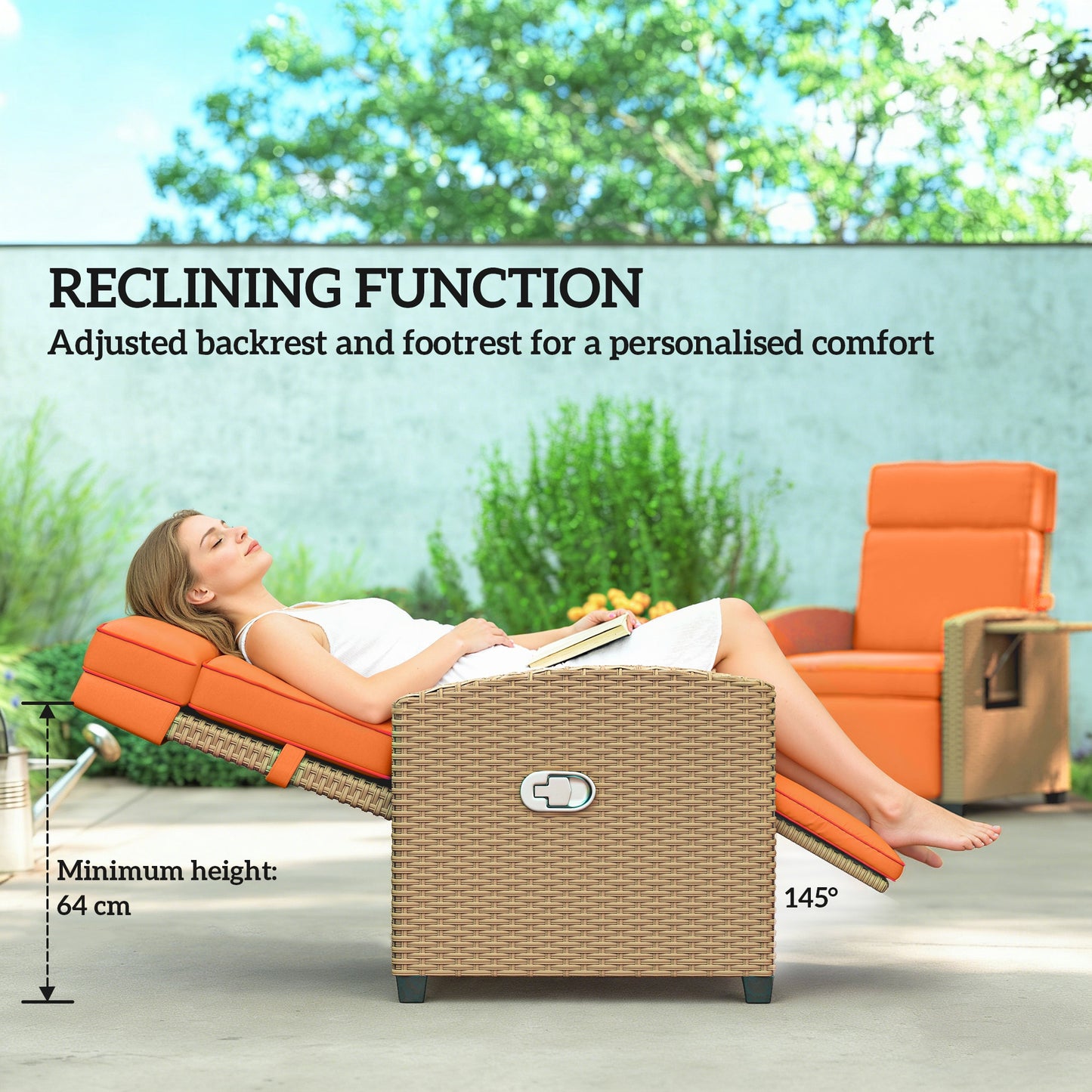 Outsunny 145° Reclining Rattan Armchair, with Footrest - Khaki/Orange