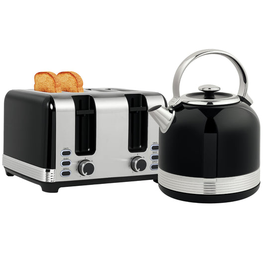 HOMCOM Polished Stainless Steel Kettle and Toaster Set - Black