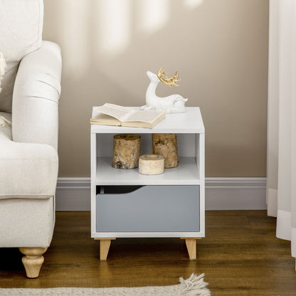 Modern Bedside Table, Side End Table with Shelf, Drawer and Wood Legs, 36.8cmx33cmx43.8cm, White and Grey