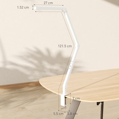 HOMCOM LED Desk Lamp, Dimmable Desk Light with Swing Arm and Clamp, Adjustable Eye-Caring Table Lamp with 2 Colour Modes & 5 Brightness Levels for Study, Drawing, Office, Architect, Task, White