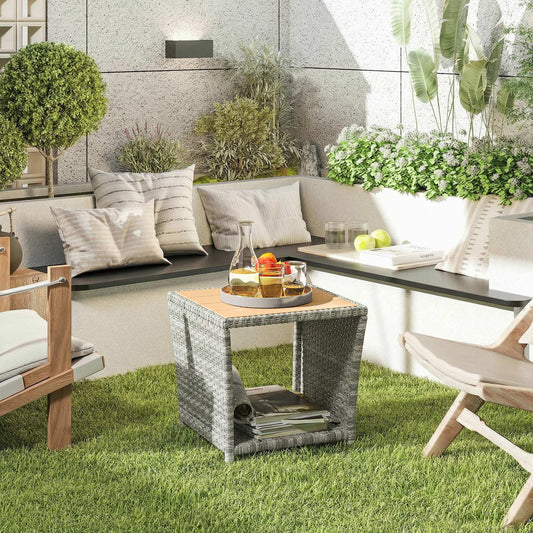 Outsunny Side Table 2-Tier Outdoor Coffee Table with Storage Shelf PS Wood Slat Top/Light Grey