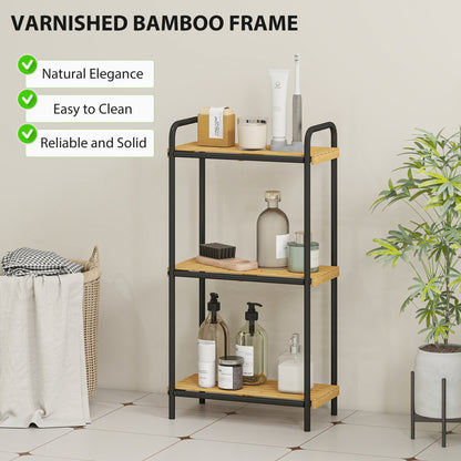 HOMCOM 3-Tier Bamboo Bathroom Storage Shelf, Freestanding Narrow Shelving Unit with Slatted Shelves for Kitchen Bathroom Living Room, 41.5 x 21.5 x 77.5 cm, Natural and Black