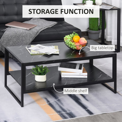 HOMCOM Coffee Table, Two-Tier Faux Marble Effect Centre Table with Metal Frame and Storage Shelf for Living Room, 106 x 50 x 45cm, Black