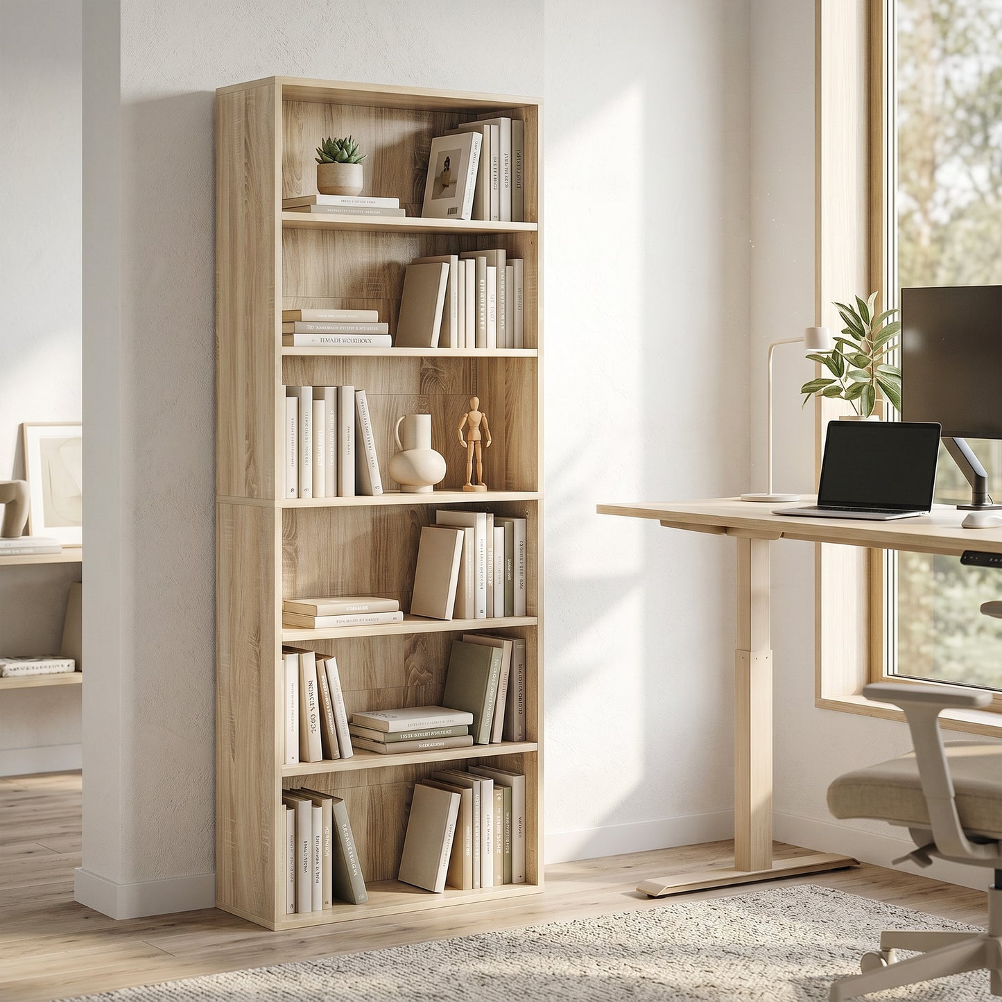 HOMCOM Freestanding Bookcase, 6 Tier Bookshelf with Adjustable Shelves for Living Room, Study, Oak