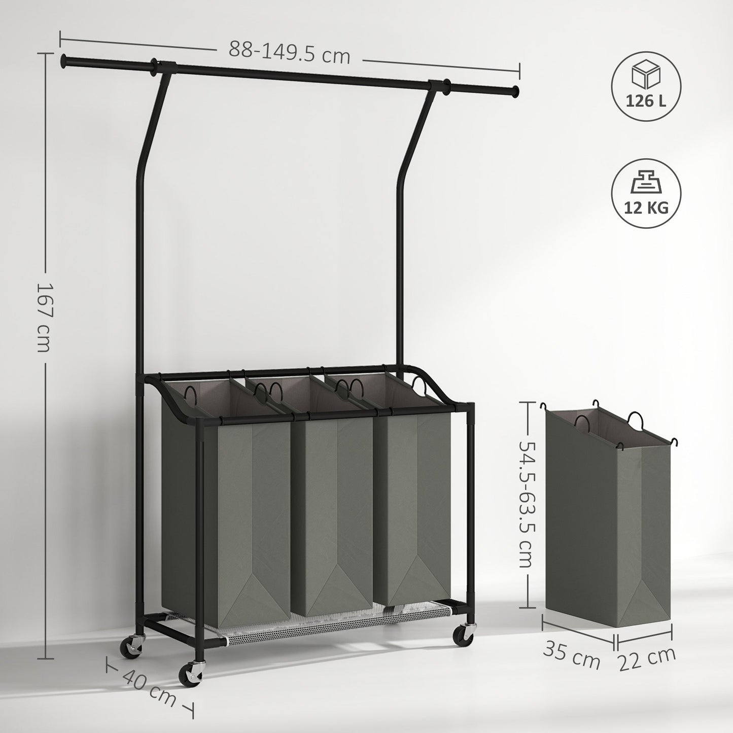 HOMCOM 3x 42L Laundry Basket Unit, with Hanging Rail - Black/Grey