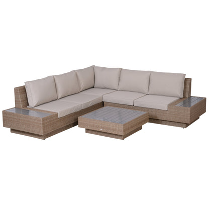 Outsunny 4 PCs Rattan Garden Furniture Outdoor Sectional Corner Sofa and Coffee Table Set Conservatory Wicker Weave Furniture with Armrest and Cushions - Beige