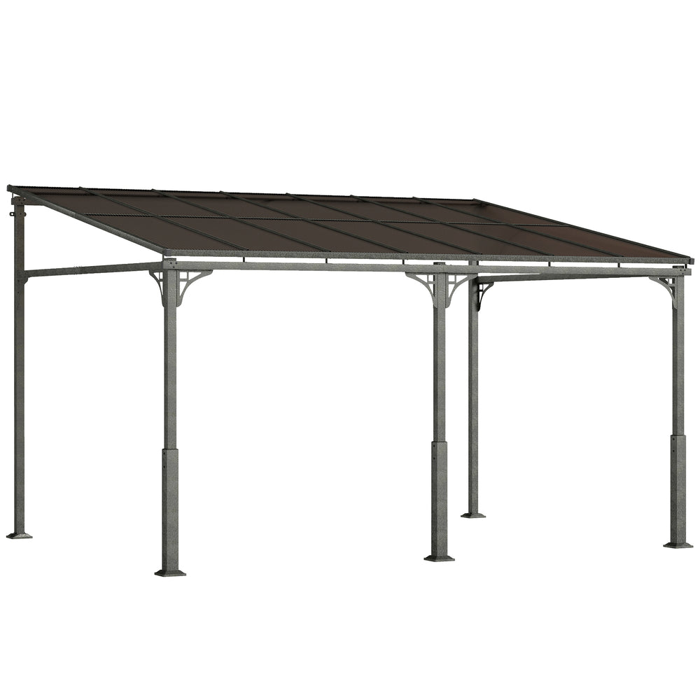 Outsunny 4 x 3 m Metal Lean-to Pergola, Wall-Mounted Garden Pergola with Polycarbonate Roof and Metal-Aluminium Frame, Heavy Duty Hardtop Gazebo for Outdoor Patios, BBQ, Brown