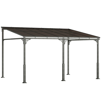 Outsunny 4 x 3 m Metal Lean-to Pergola, Wall-Mounted Garden Pergola with Polycarbonate Roof and Metal-Aluminium Frame, Heavy Duty Hardtop Gazebo for Outdoor Patios, BBQ, Brown
