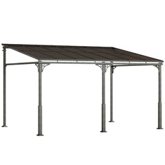 Outsunny 4 x 3 m Metal Lean-to Pergola, Wall-Mounted Garden Pergola with Polycarbonate Roof and Metal-Aluminium Frame, Heavy Duty Hardtop Gazebo for Outdoor Patios, BBQ, Brown