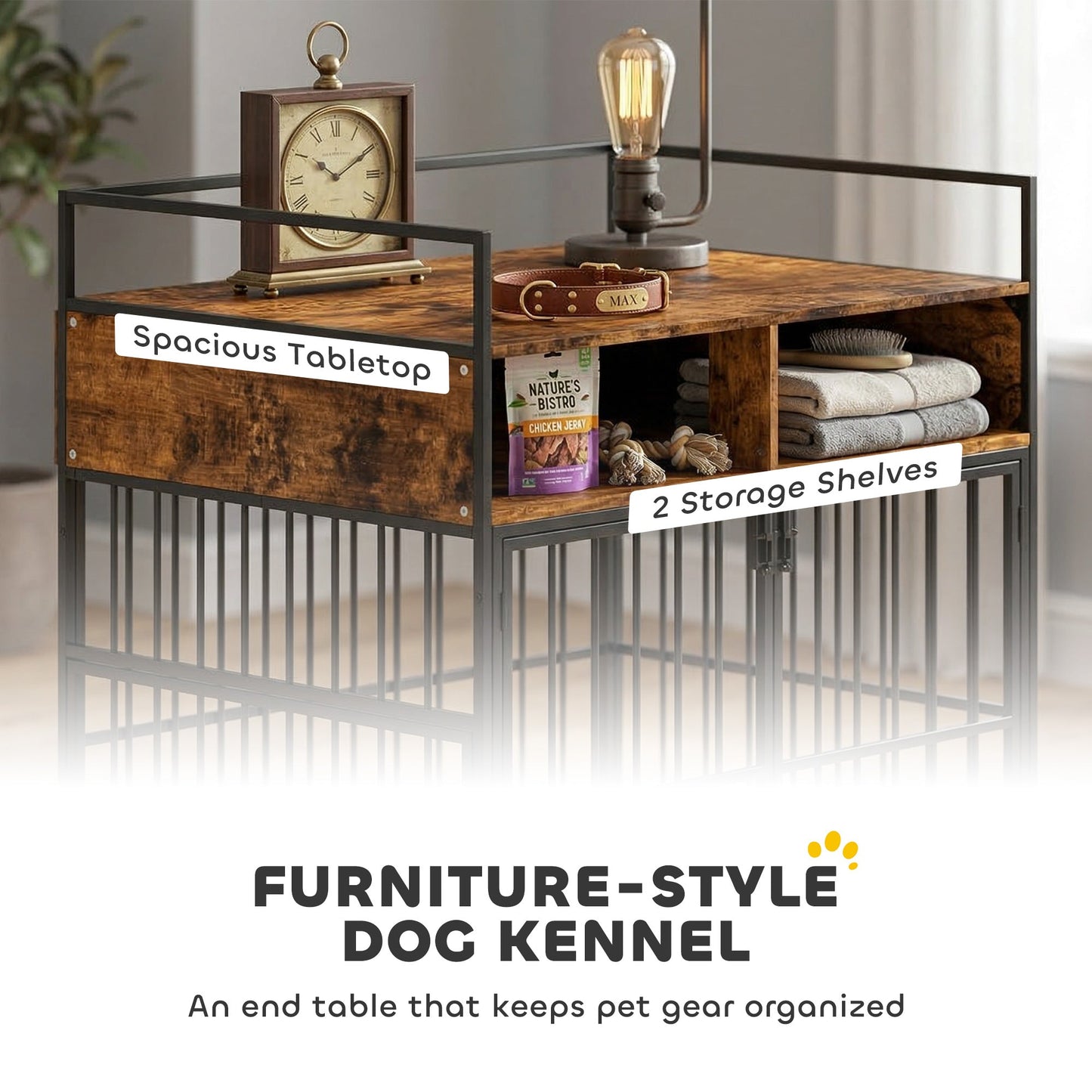 PawHut Dog Crate Furniture, Dog Cage with Rotatable Feeding Station and Storage Shelves, End Side Table Indoor Pet Kenne