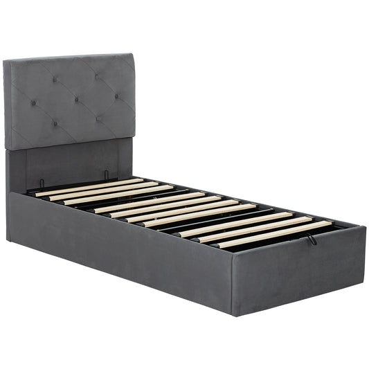 HOMCOM Single Bed Frame Gas Side Lift Under Bed Storage Upholstered Platform Bed Tufted Headboard for 90 x 190 cm Mattress