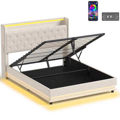 HOMCOM 5ft King Bed Frame with Headboard, Platform Bed Frame with Hydraulic Storage, LED Lights and Charging Station, White