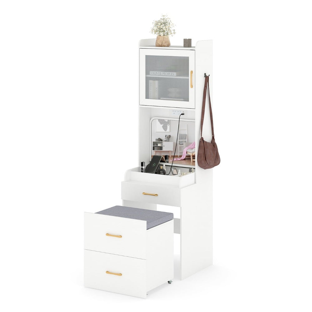 Vanity Desk with Flip-up Mirror and Movable Storage Stool-White