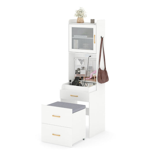 Vanity Desk with Flip-up Mirror and Movable Storage Stool-White