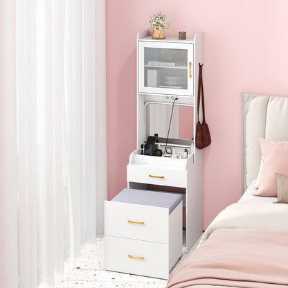 Vanity Desk with Flip-up Mirror and Movable Storage Stool-White