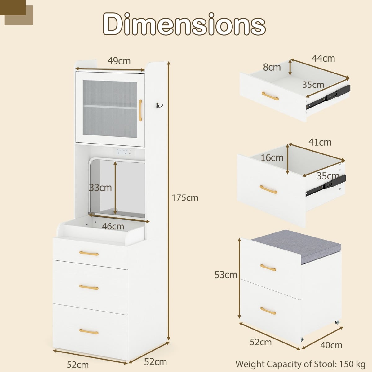 Vanity Desk with Flip-up Mirror and Movable Storage Stool-White