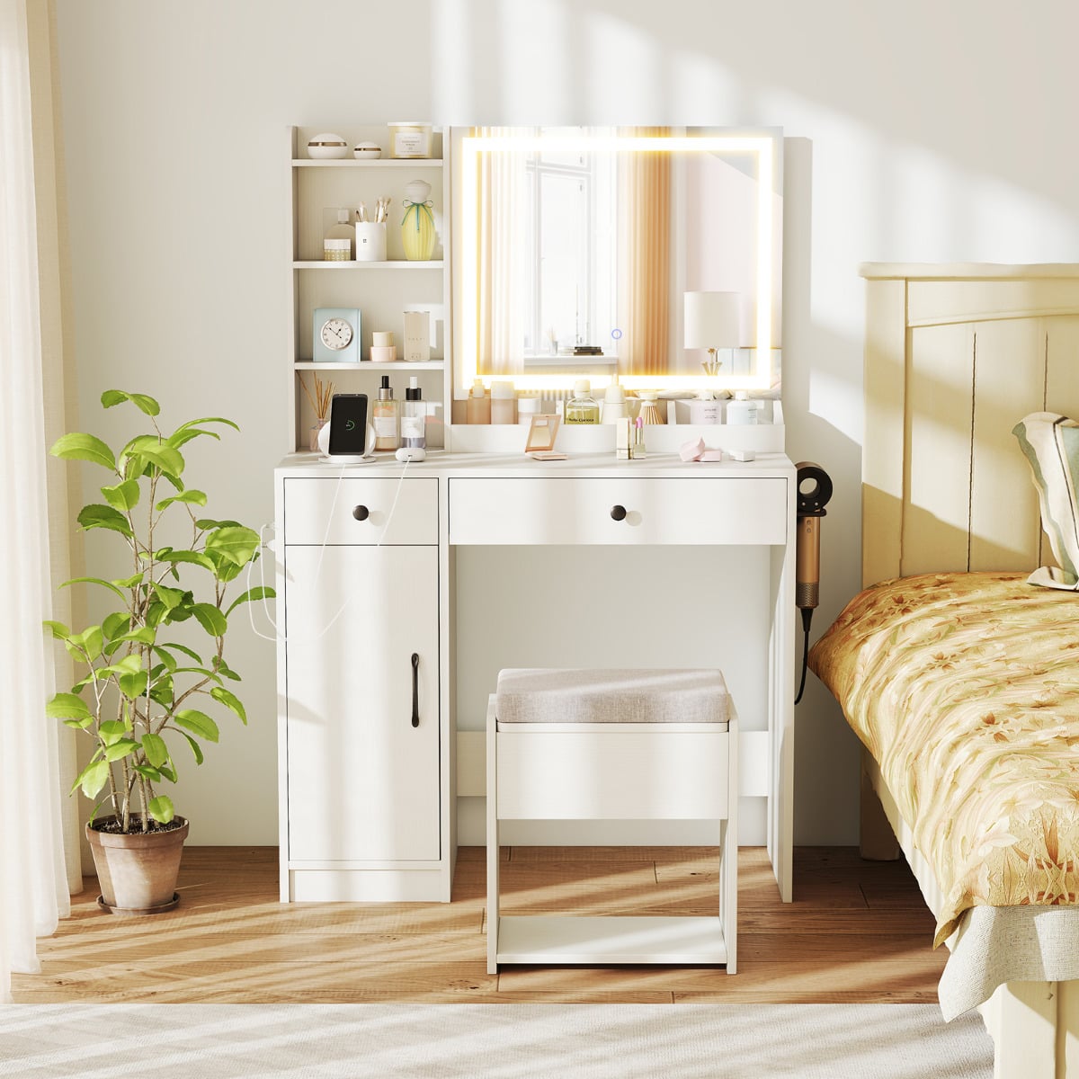 Vanity Desk with LED Lighted Mirror and Storage Stool-White