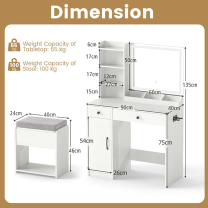 Vanity Desk with LED Lighted Mirror and Storage Stool-White