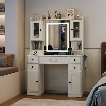 Vanity Desk with Mirror and Lights for Bedroom-White