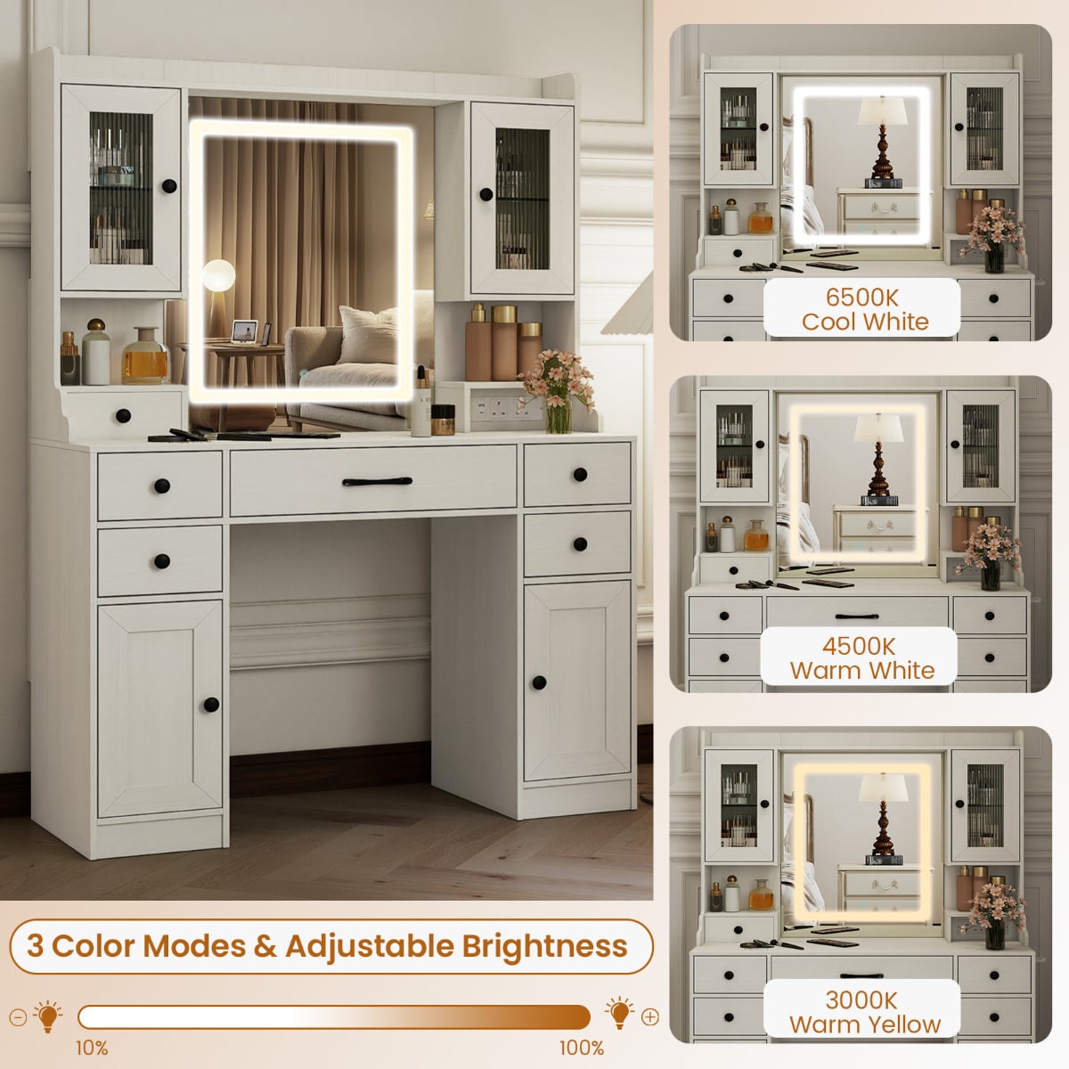 Vanity Desk with Mirror and Lights for Bedroom-White