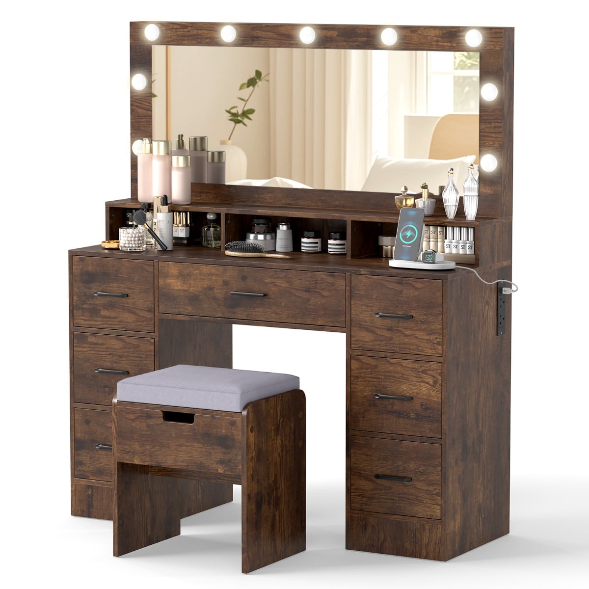 Vanity Desk with Mirror and Lights Makeup Table with Power Outlets-Rustic Brown