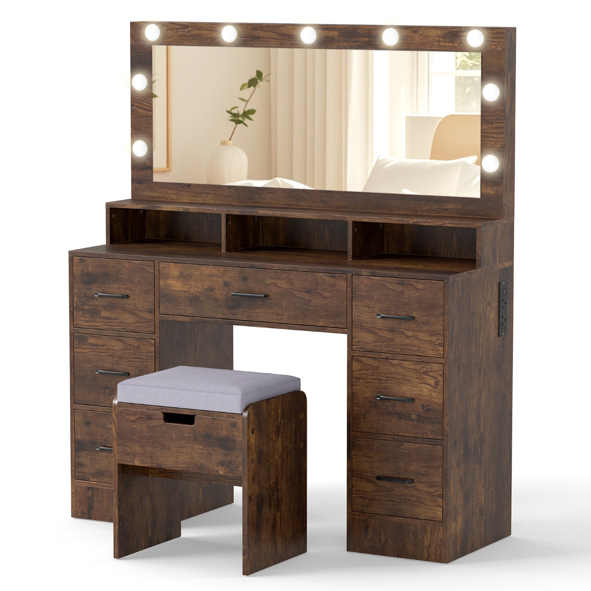 Vanity Desk with Mirror and Lights Makeup Table with Power Outlets-Rustic Brown