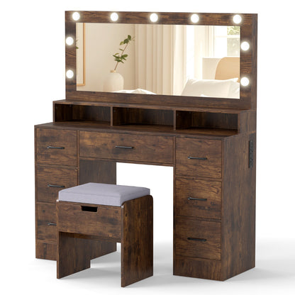 Vanity Desk with Mirror and Lights Makeup Table with Power Outlets-Rustic Brown
