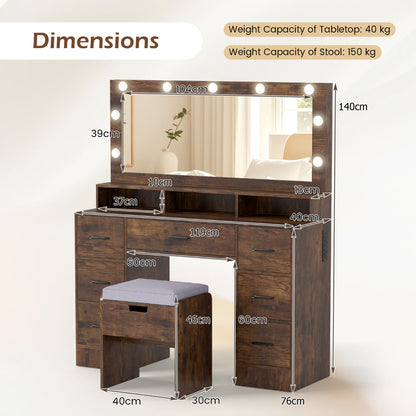 Vanity Desk with Mirror and Lights Makeup Table with Power Outlets-Rustic Brown