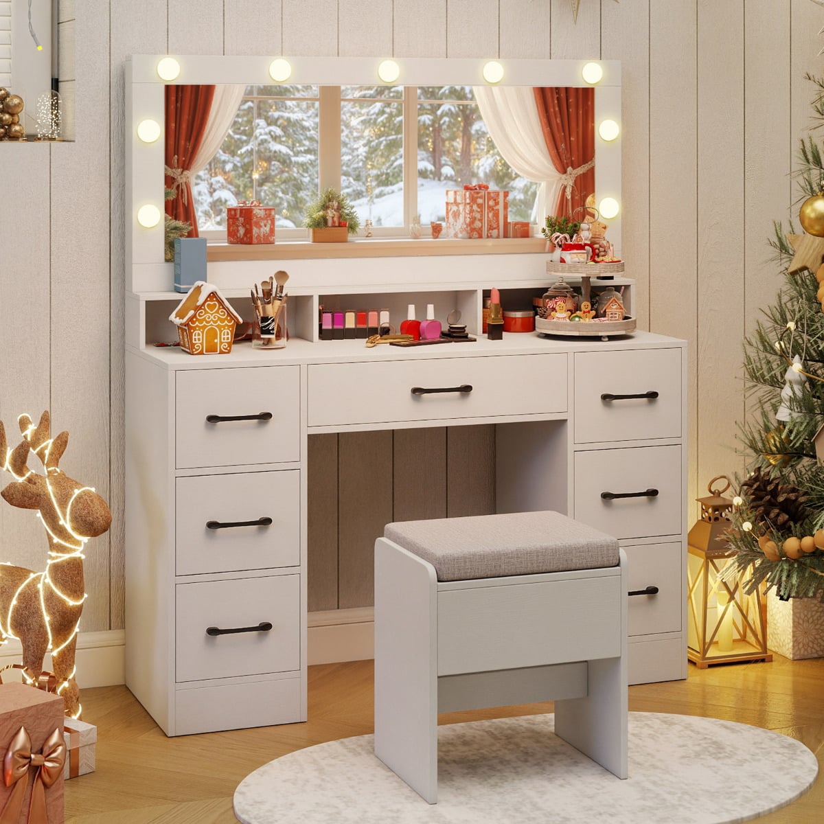 Vanity Desk with Mirror and Lights Makeup Table with Power Outlets-White
