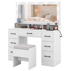 Vanity Desk with Mirror and Lights Makeup Table with Power Outlets-White