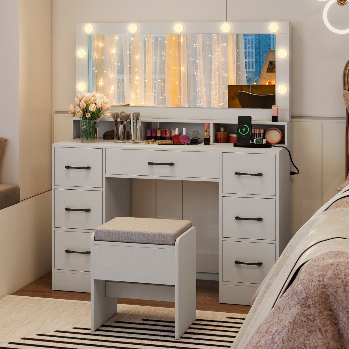 Vanity Desk with Mirror and Lights Makeup Table with Power Outlets-White