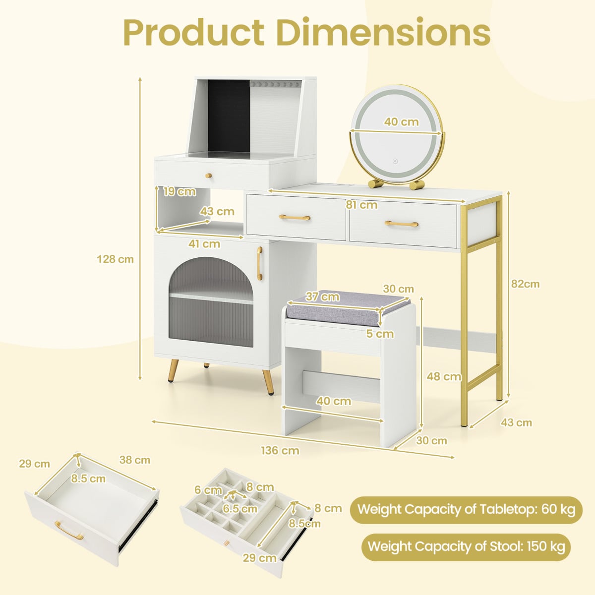 Vanity Desk with Mirror and Lights Makeup Vanity Table with 3 Lighting Modes-White
