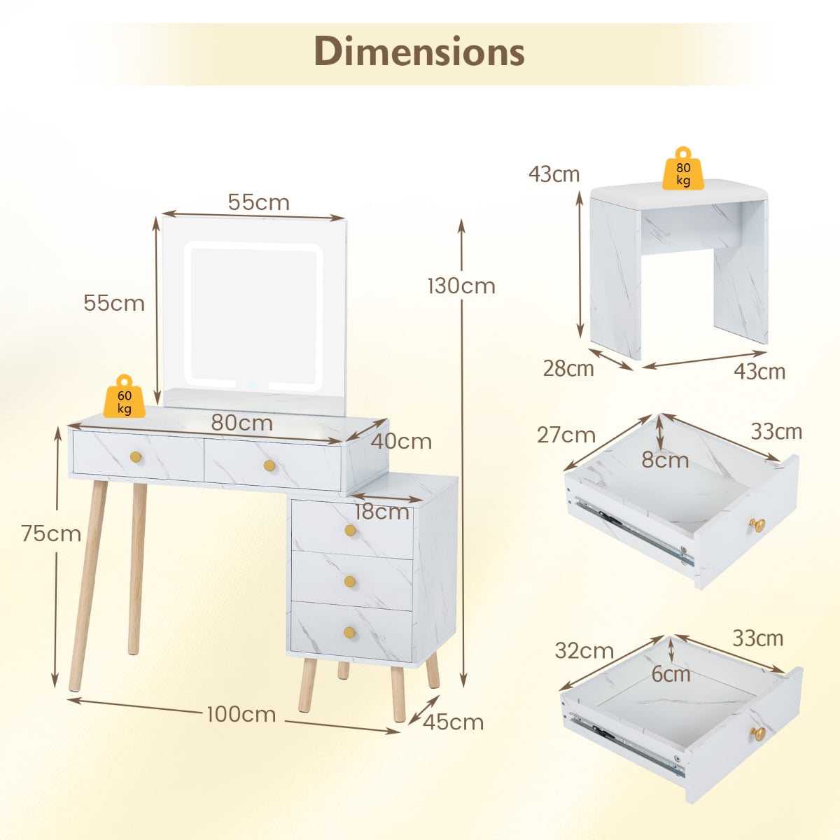 Vanity Desk Makeup Vanity Set with 3 Lighting Modes-White