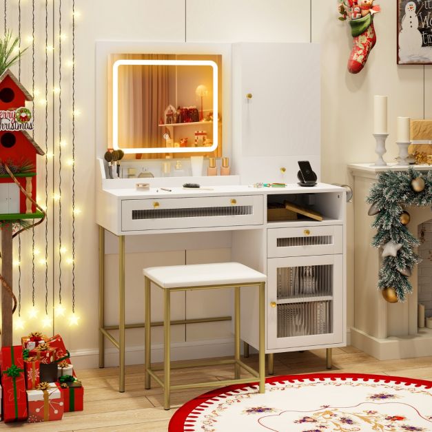 Vanity Set with 2 Fluted Glass Drawers and 1 Ordinary Drawer-White