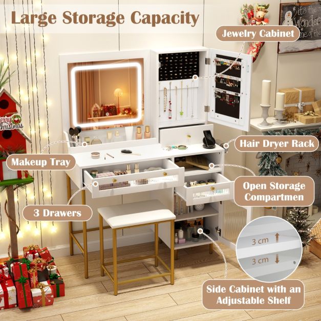 Vanity Set with 2 Fluted Glass Drawers and 1 Ordinary Drawer-White