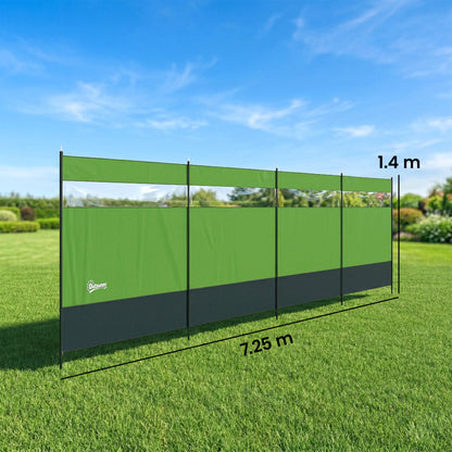 Outsunny Camping Windbreaker with Clear Windows and Steel Poles, for Beach Caravan Campervan, 725 x 140cm, Army Green