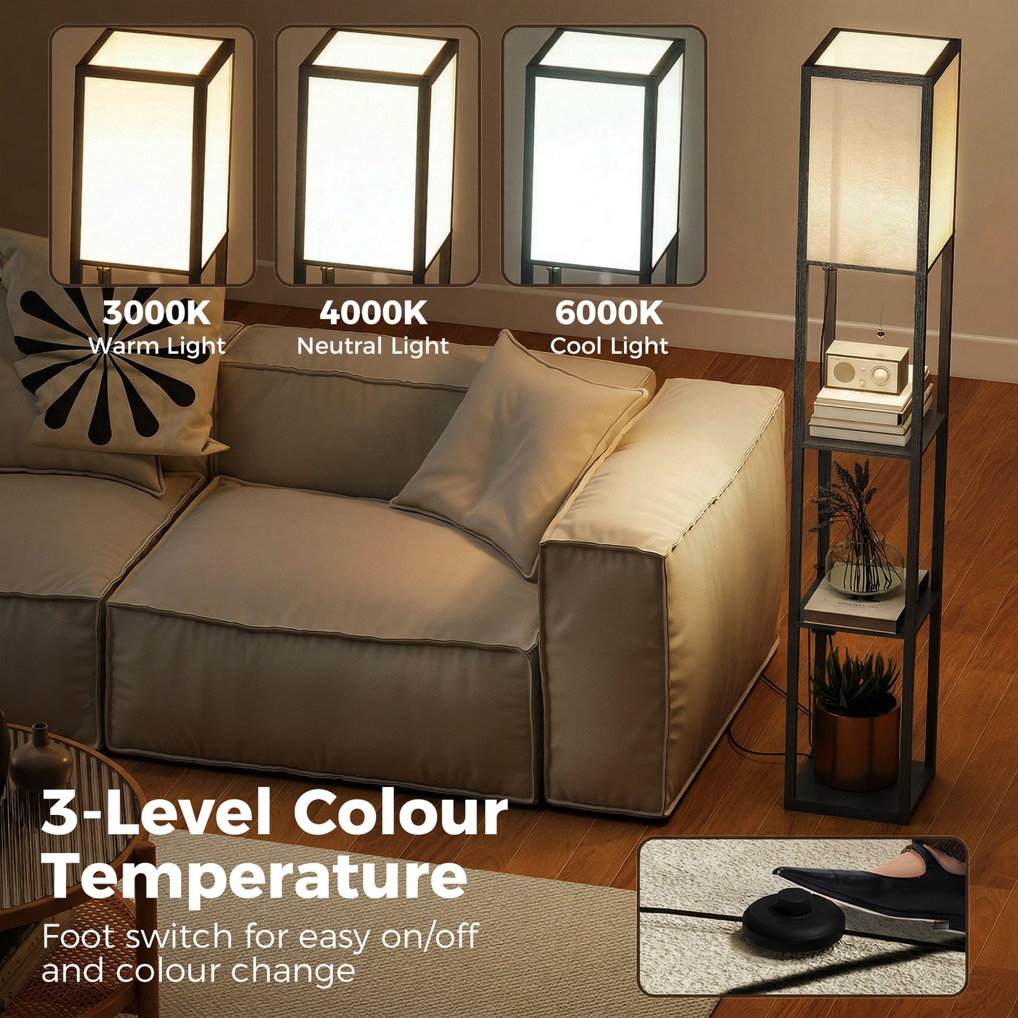 HOMCOM Floor Lamp with Shelves, 3 Layer Column Modern Standing Lamp for Living Room, Bedroom, Office, Black