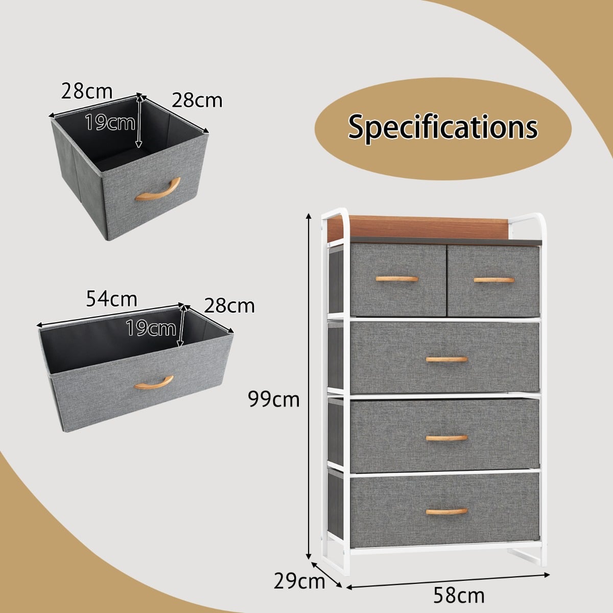 Vertical Dresser Storage Tower with Wooden Top and 5 Drawers-Grey