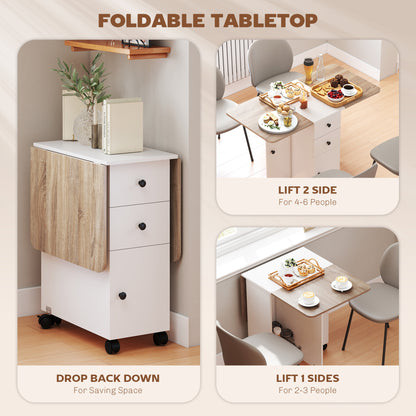 HOMCOM Multi-Storage Six-Person Drop Leaf Dining Table -  Oak and White