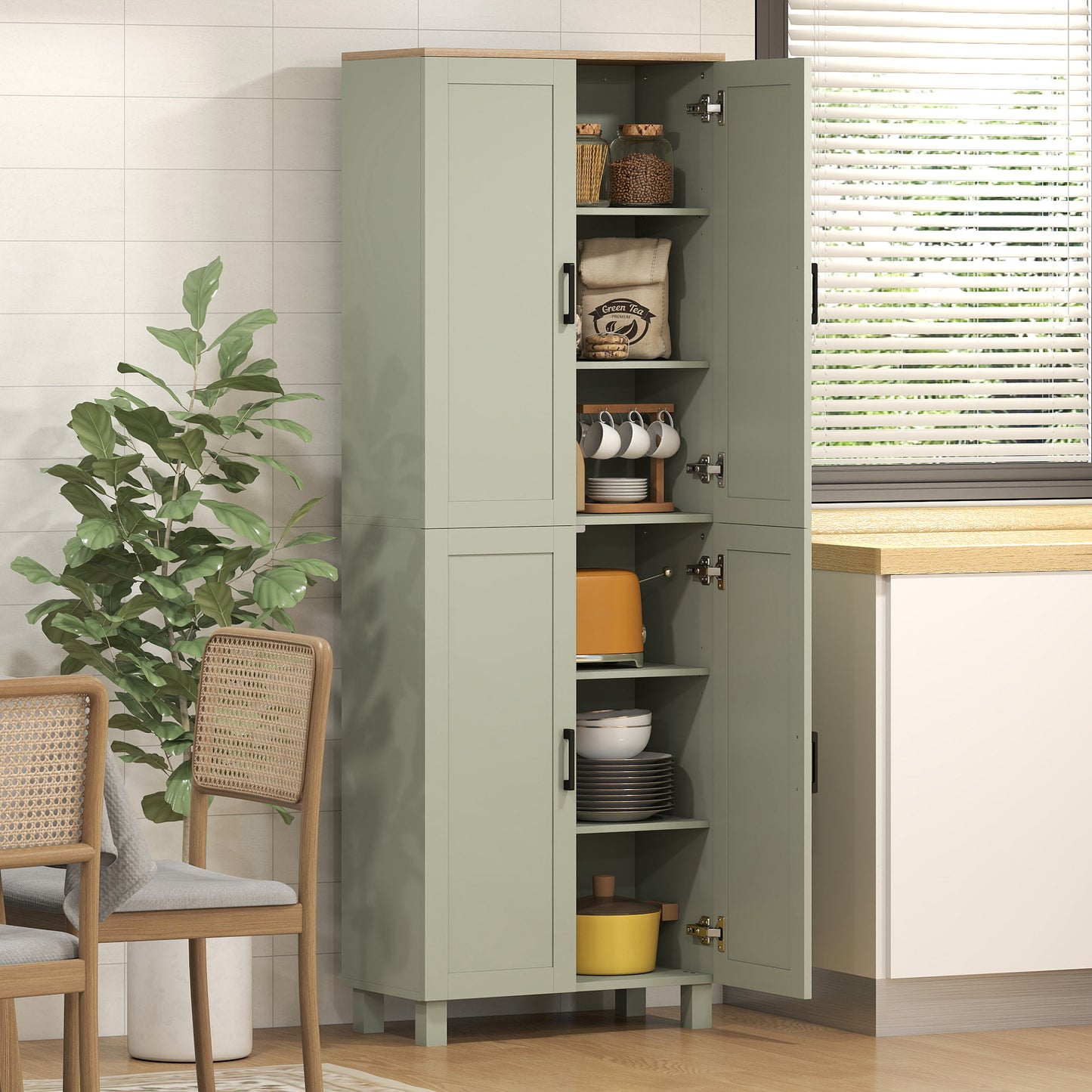 HOMCOM Freestanding Kitchen Cupboard, 4-Door Storage Cabinet with Adjustable Shelves, Modern Kitchen Pantry, 170cm, Green