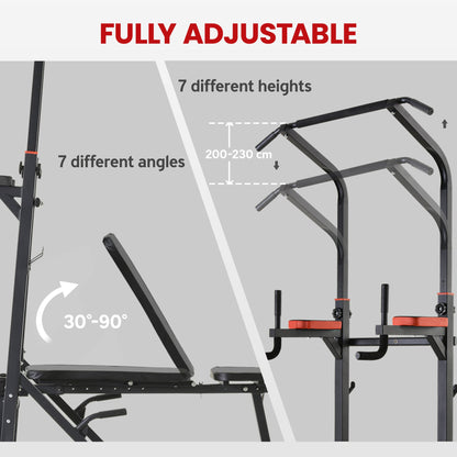 HOMCOM Pull Up Station with Adjustable Weight Bench, Dip Station and Barbell Rack, Multi-Function Power Tower Free Standing Pull Up Bar for Home Gym