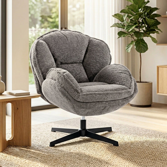 HOMCOM Modern Wingback Accent Chair, Velvet Armchair with Four-Star Base, S-Springs, Swivel, Grey