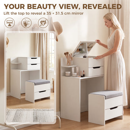 HOMCOM Vanity Desk Flip Top Hidden Mirror Vanity Rolling Stool Open Shelf White Wood Effect